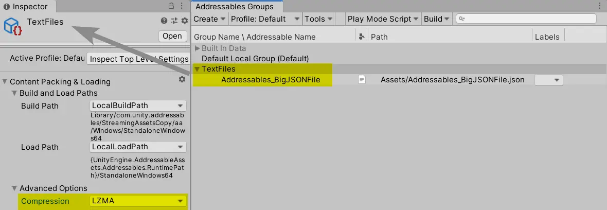 Addressables TextAsset: LZMA Group Compression