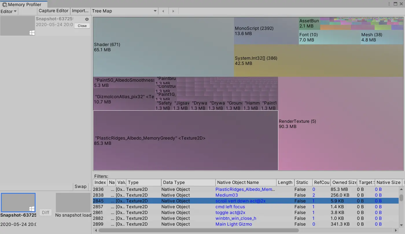 Unity Memory Profiler Snapshot: Opening a Tree Section