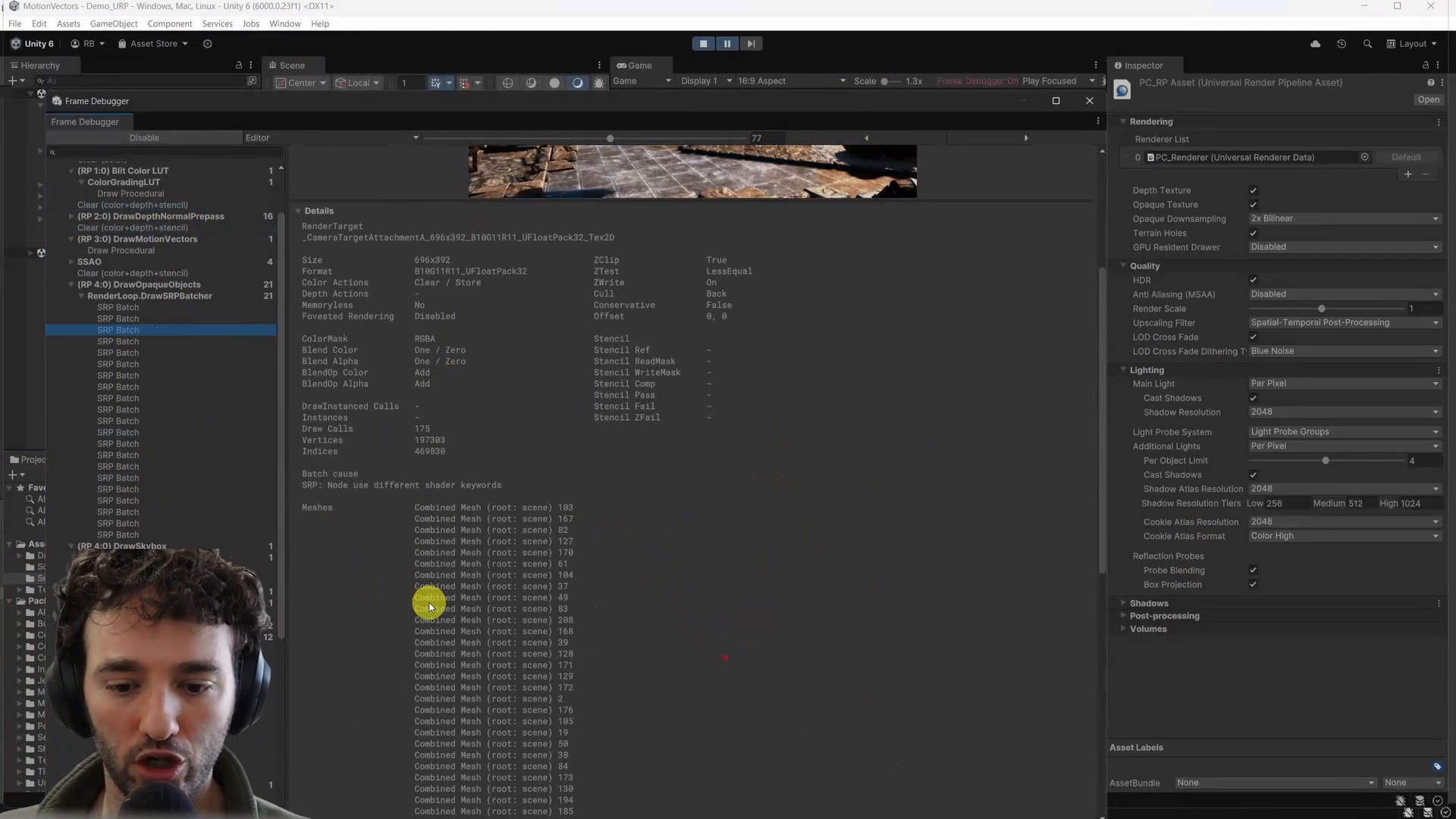 Unity Frame Debugger Details panel showing batch cause and GPU state.