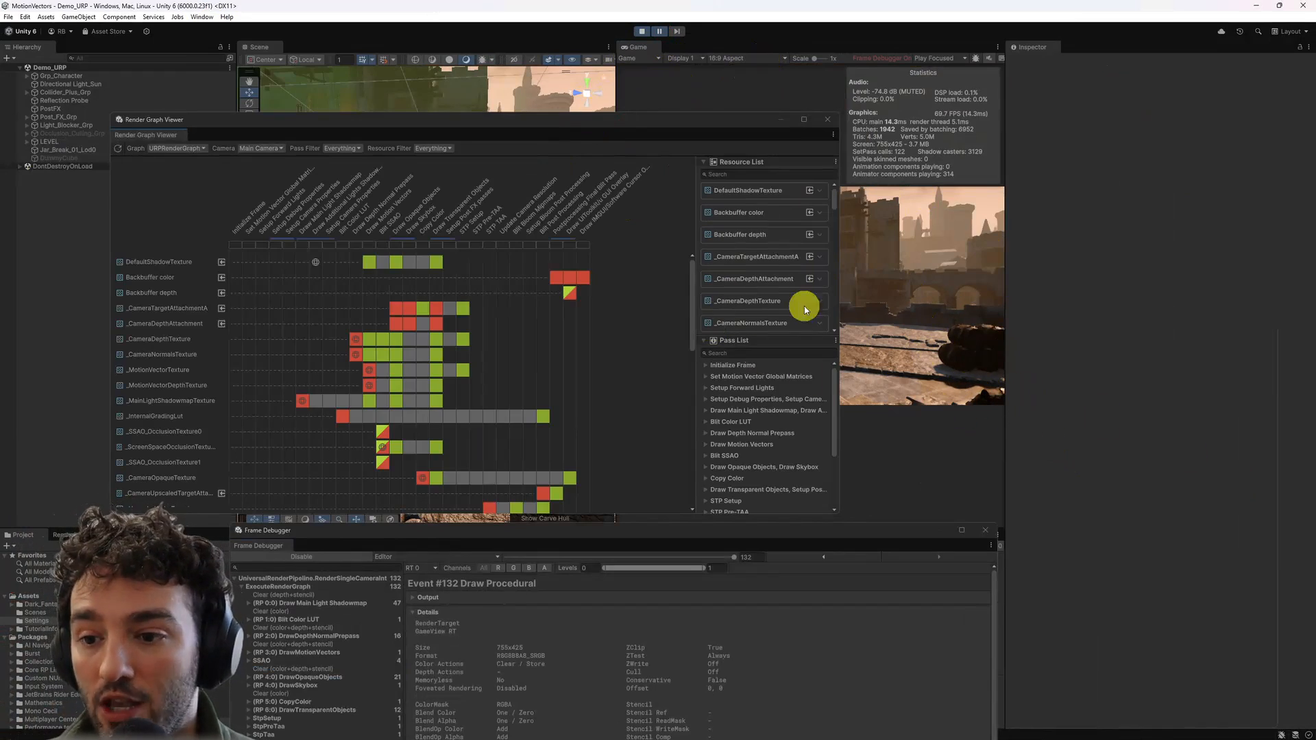 Unity Render Graph Viewer showing pass order and resource read/write.