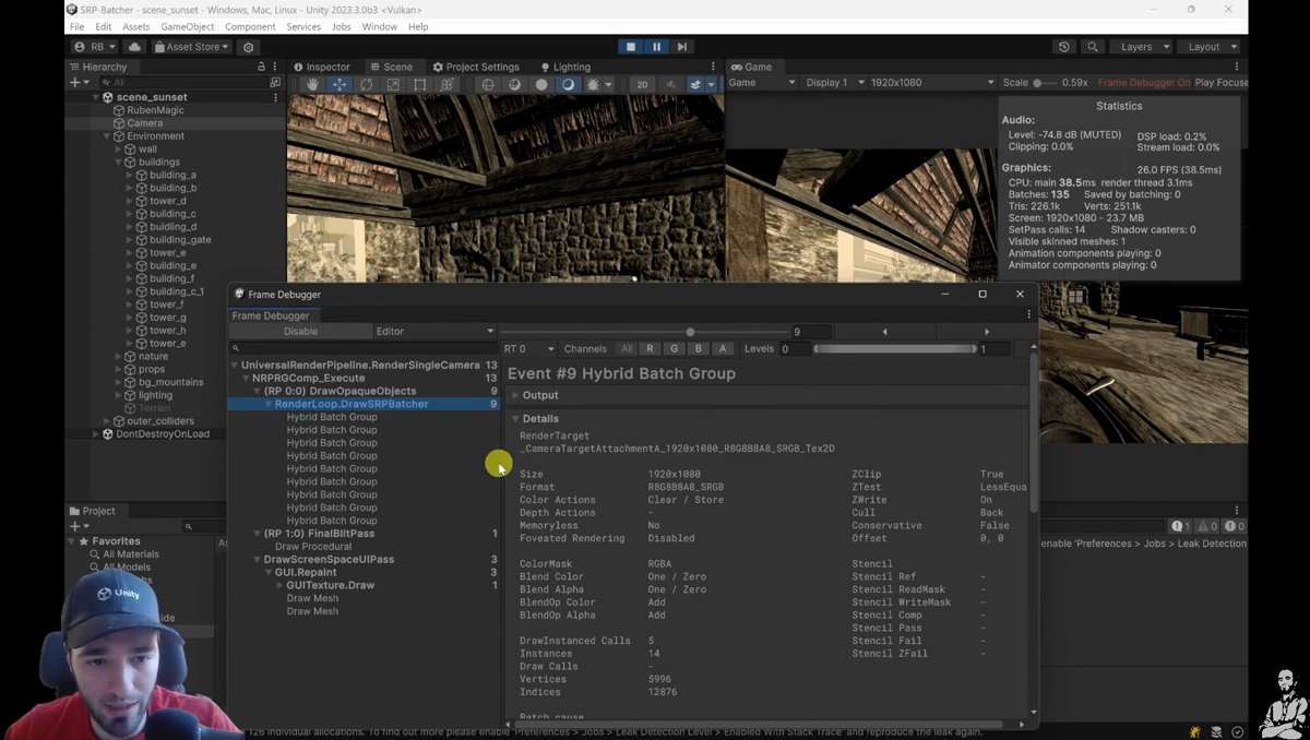 Unity Frame Debugger showing Hybrid Batch Group events with GPU Resident Drawer enabled.