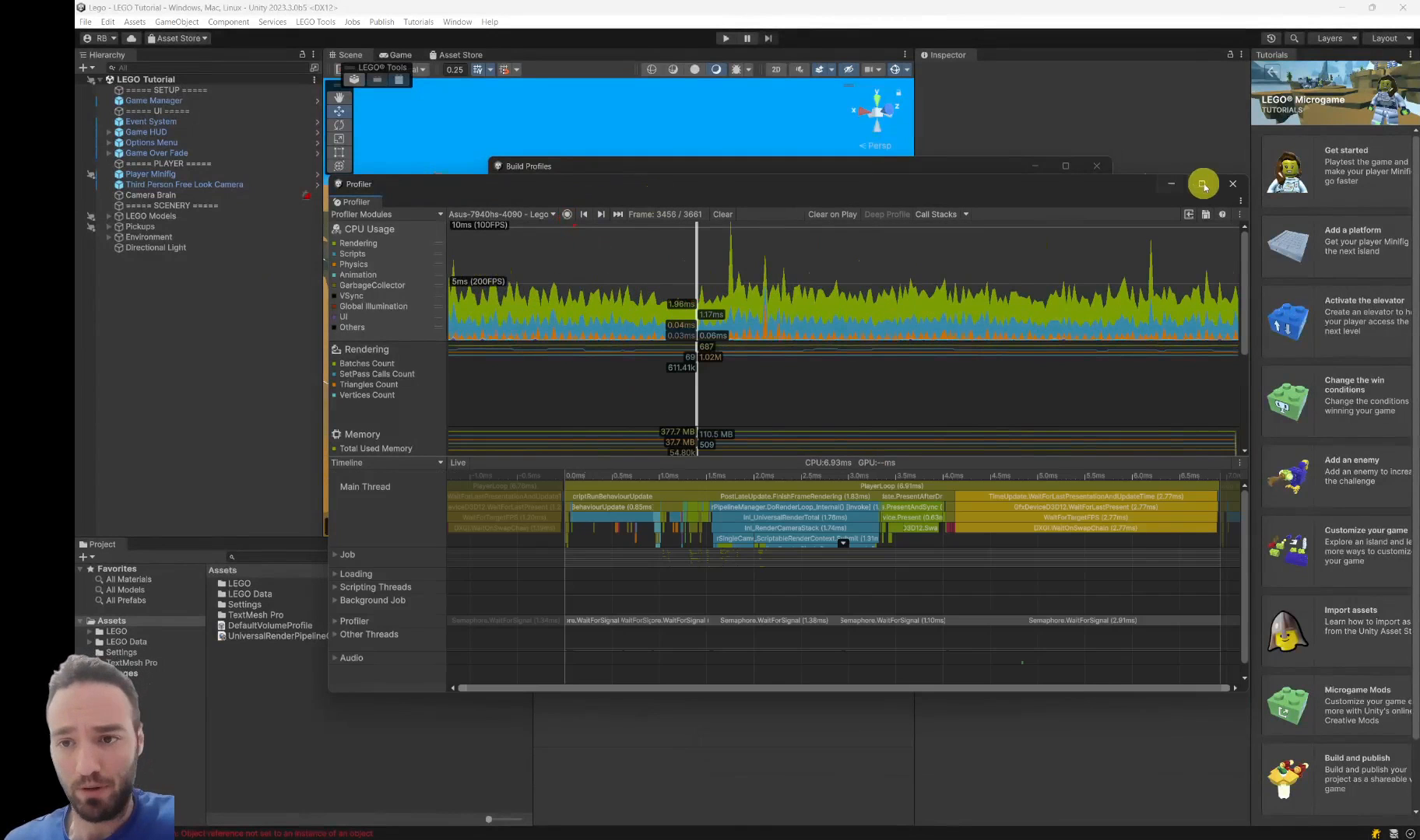 Unity Profiler: Rendering timeline with work concentrated on the main thread.