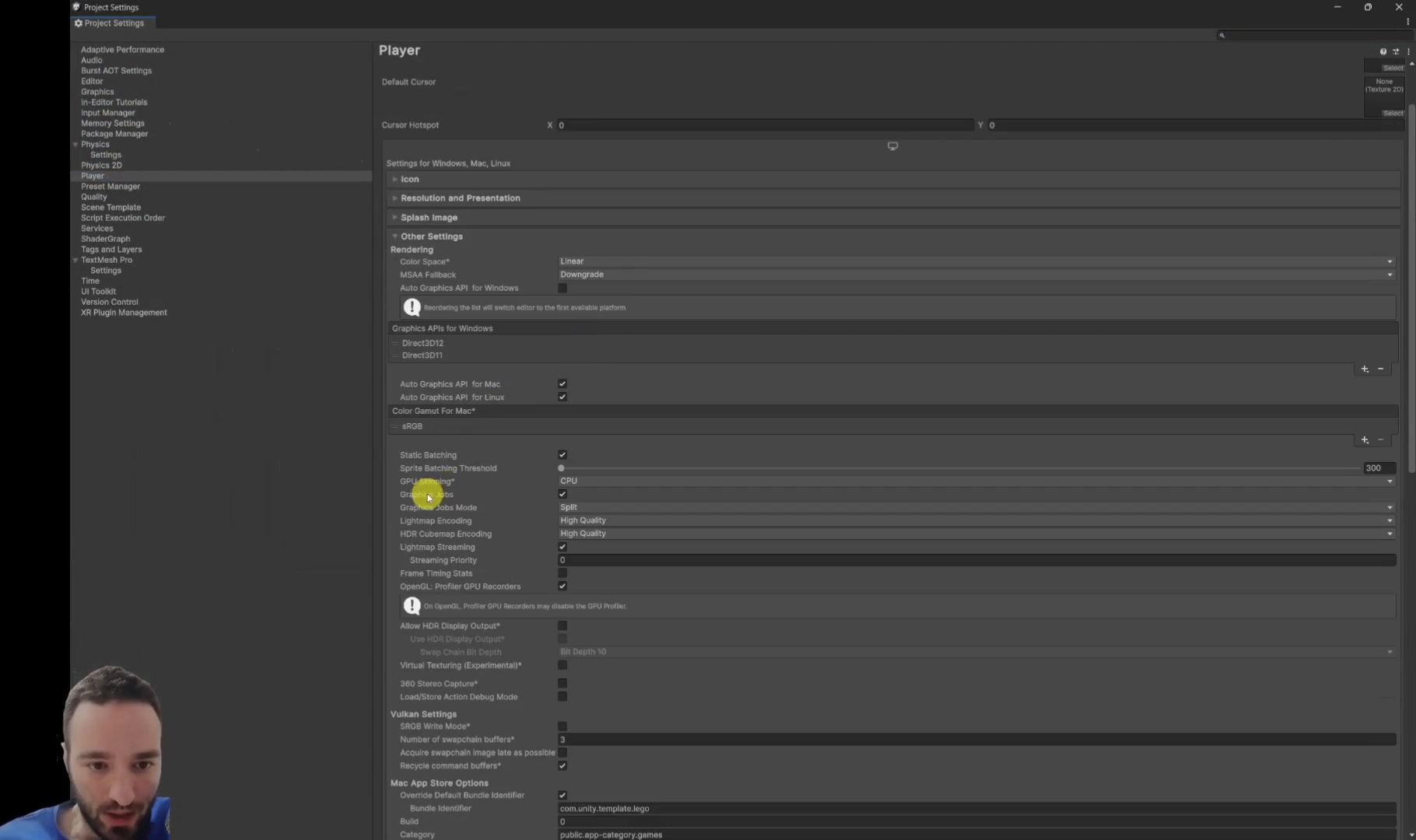 Unity Player Settings showing Graphics Jobs and Graphics Jobs Mode.