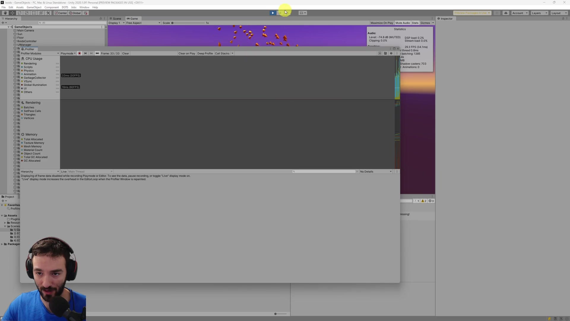 Unity Profiler showing CPU-bound baseline