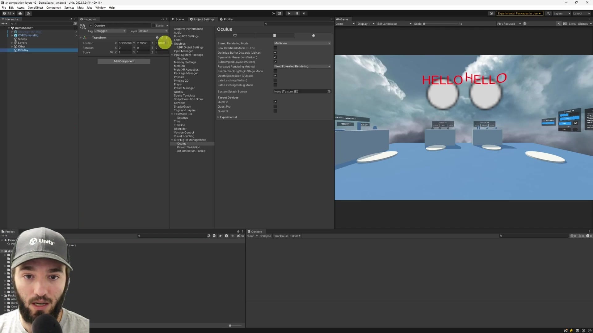 Unity setup: adding an OVR Overlay and checking Oculus project settings.