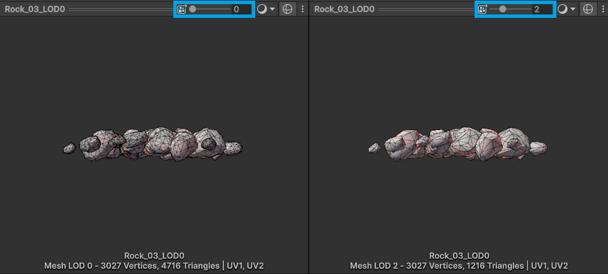 Mesh LOD comparison showing the simplified mesh version on the right