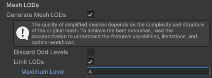Mesh LOD import settings with Generate Mesh LODs, Discard Odd Levels, and Limit LODs
