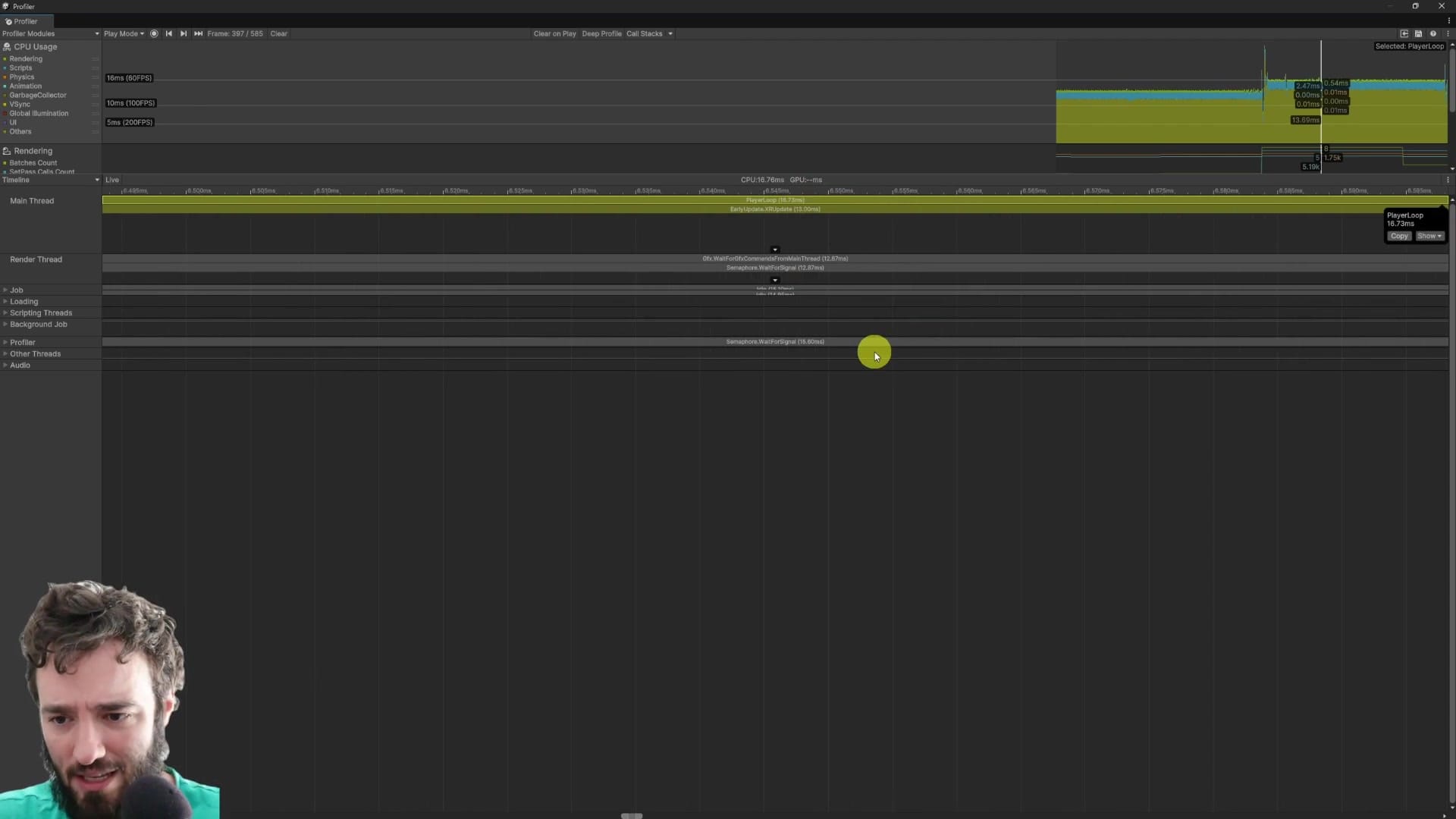 Unity Profiler showing frame budget change with Application SpaceWarp