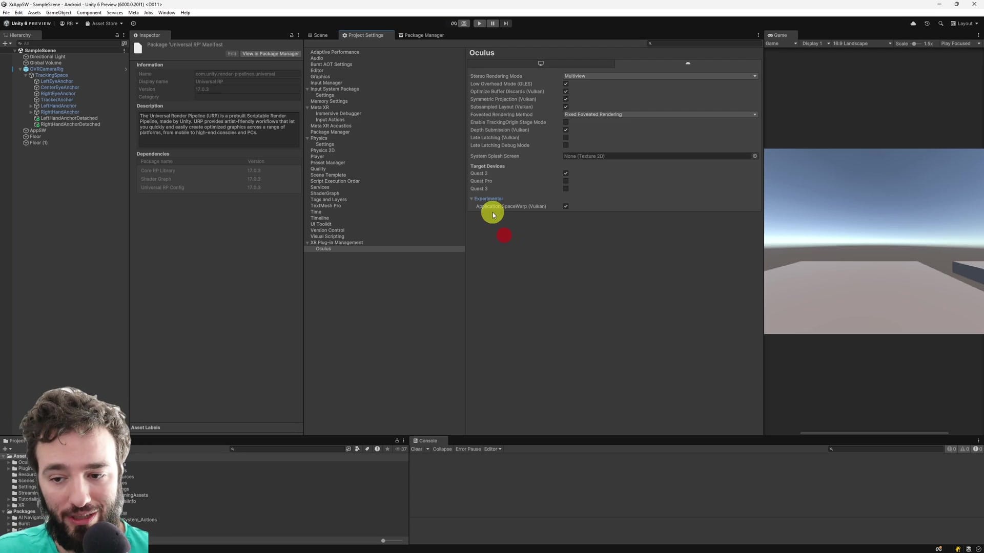 Unity Project Settings showing Application SpaceWarp (Vulkan)