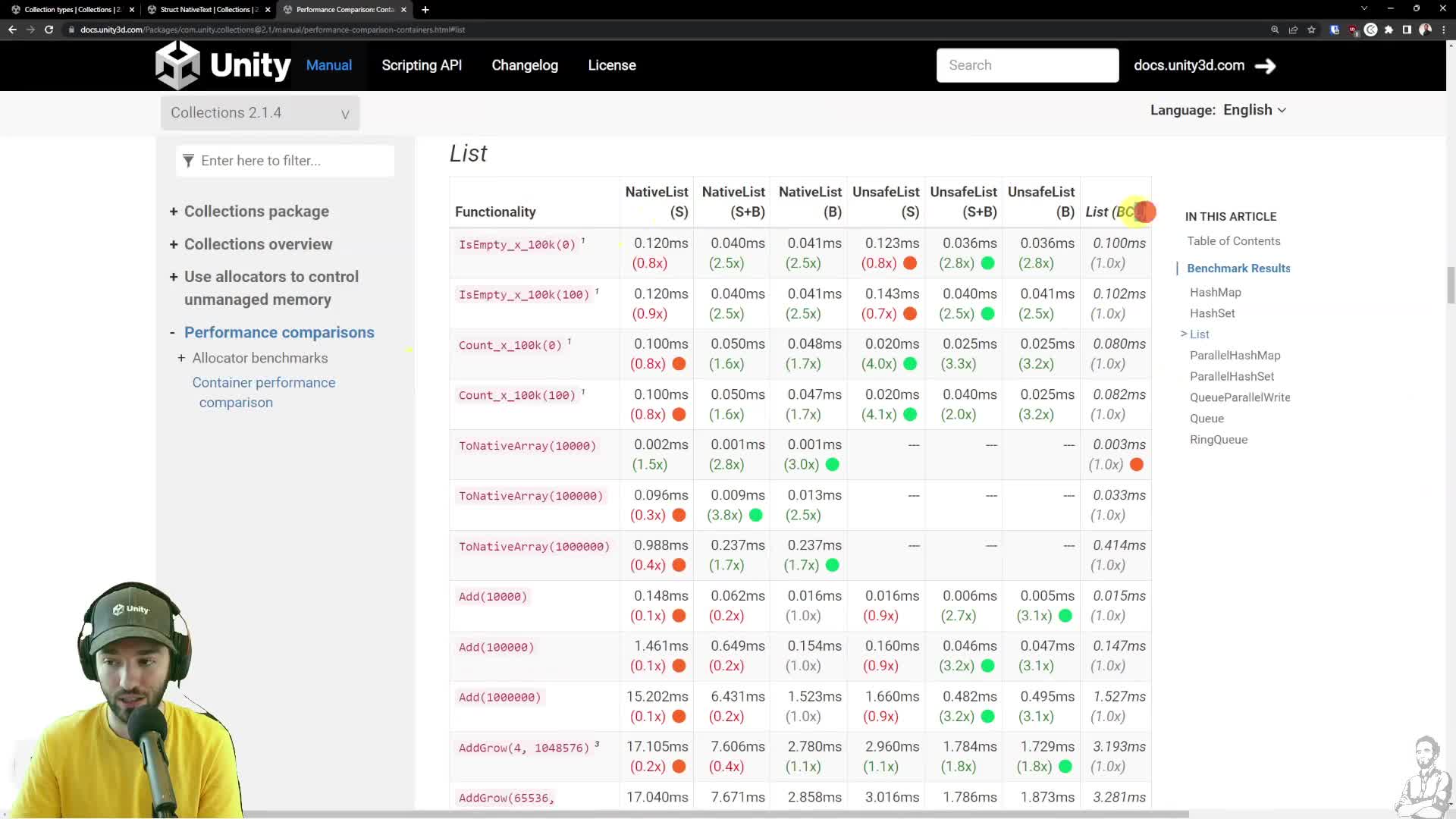 Unity Collections benchmark table comparing NativeList, unsafe variants, Burst, and safety checks.