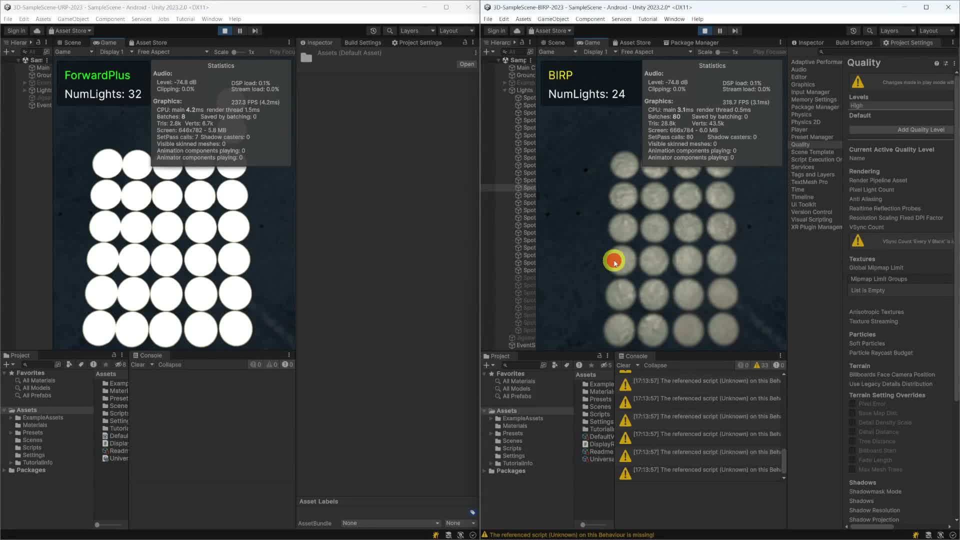 URP versus Built-in Render Pipeline stats with many lights