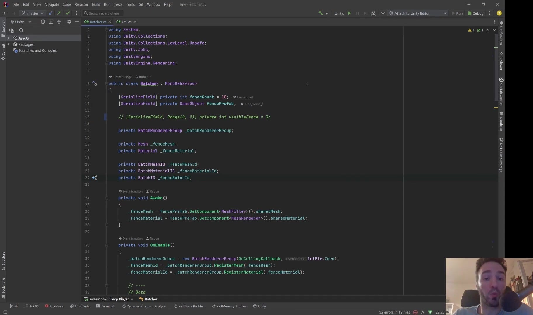 Code view showing a Unity MonoBehaviour creating a BatchRendererGroup and registering mesh and material IDs.