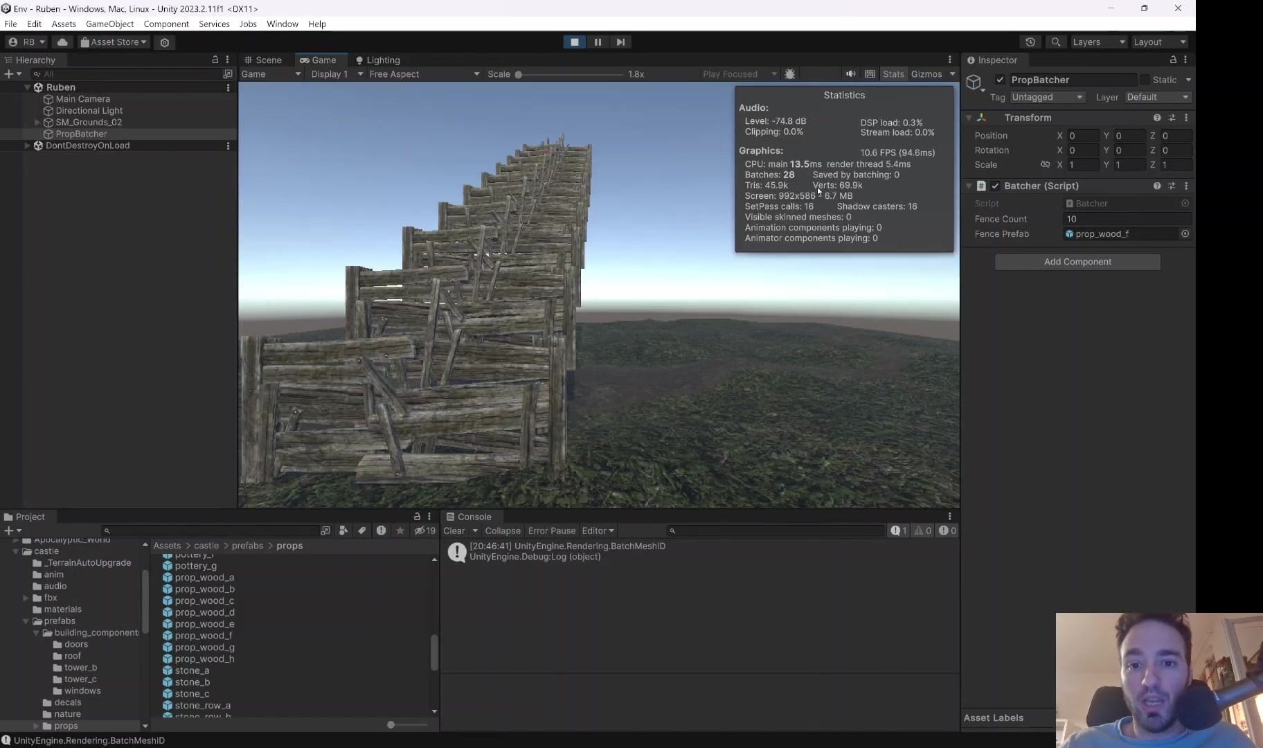 Unity editor showing a BRG instancing demo with the Stats overlay and an instanced fence stack.