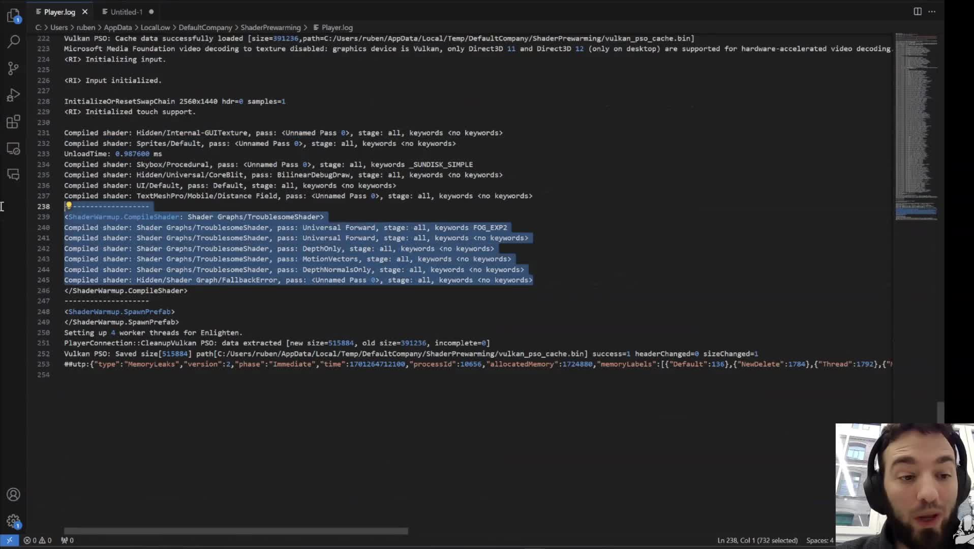 Player log showing compiled shader entries during prewarm