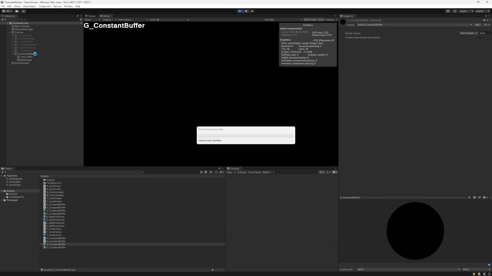 Unity constant buffer compute shader demo using a raw image