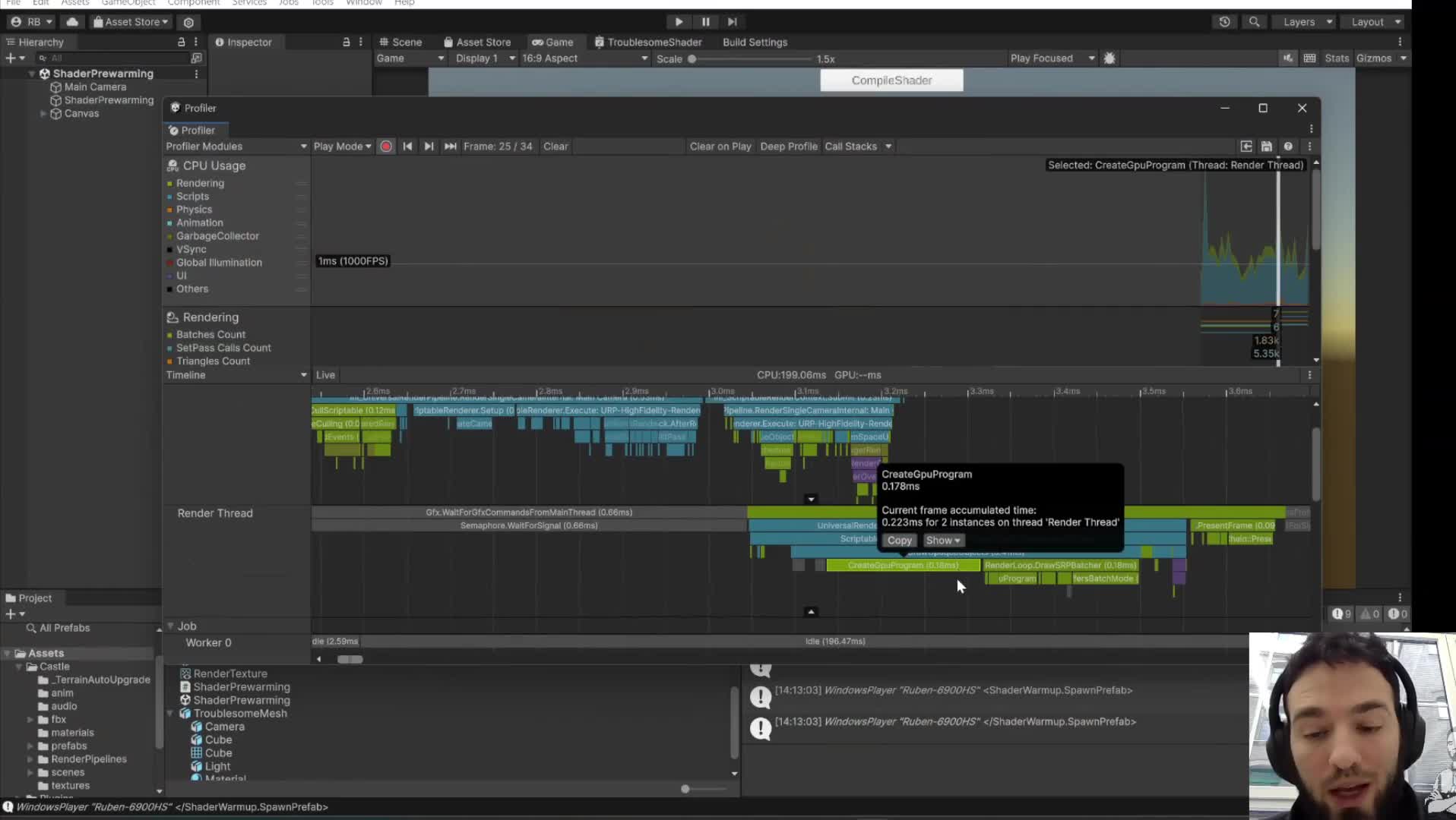Unity Profiler showing CreateGPUProgram on first use