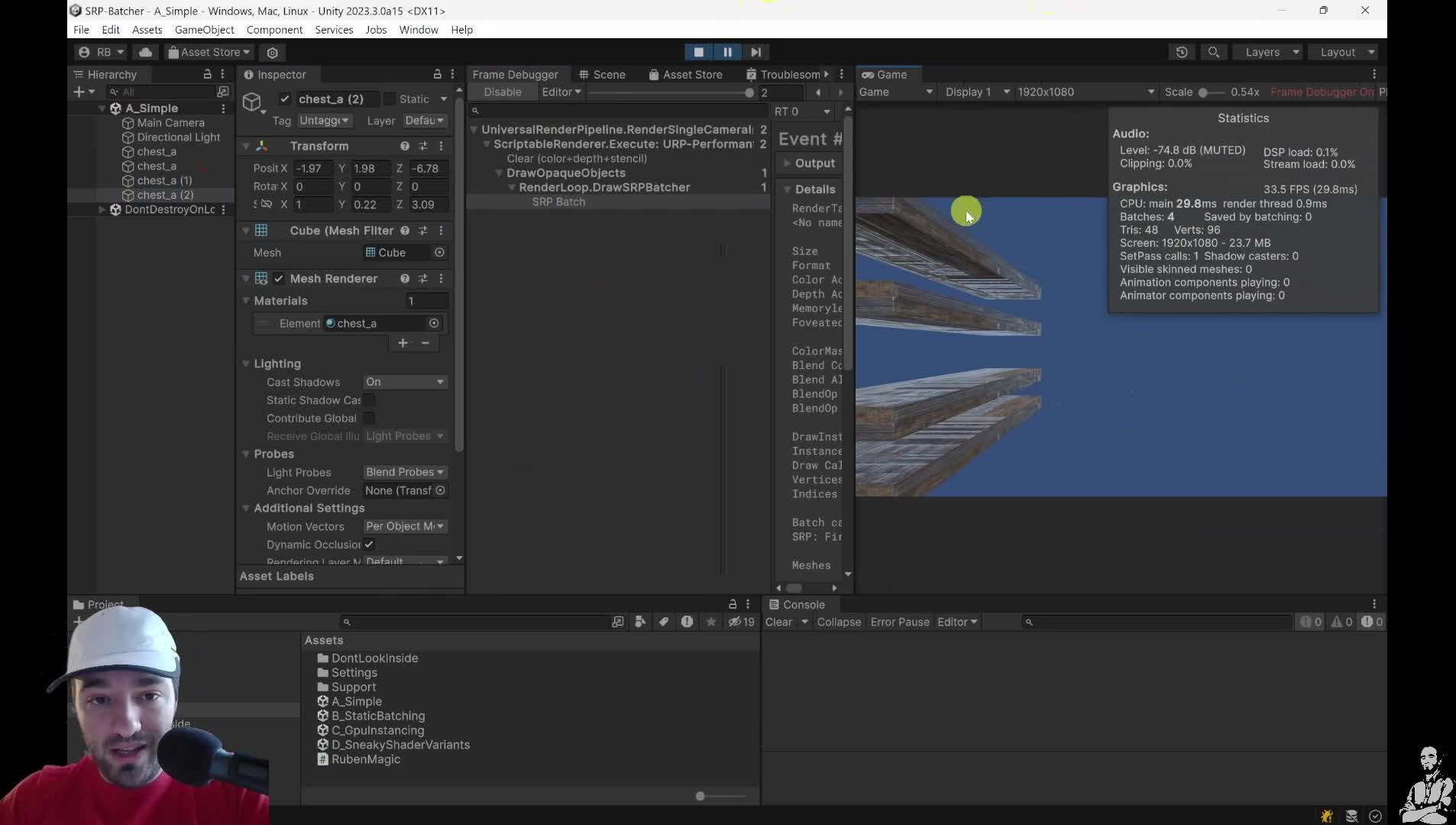 Frame Debugger showing four batches grouped into one SRP Batcher event