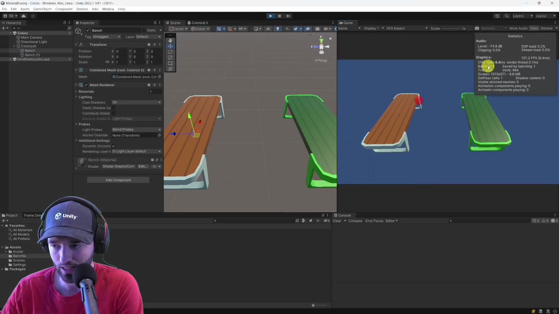 Run-time material fusing example showing the fused benches rendering in one batch.