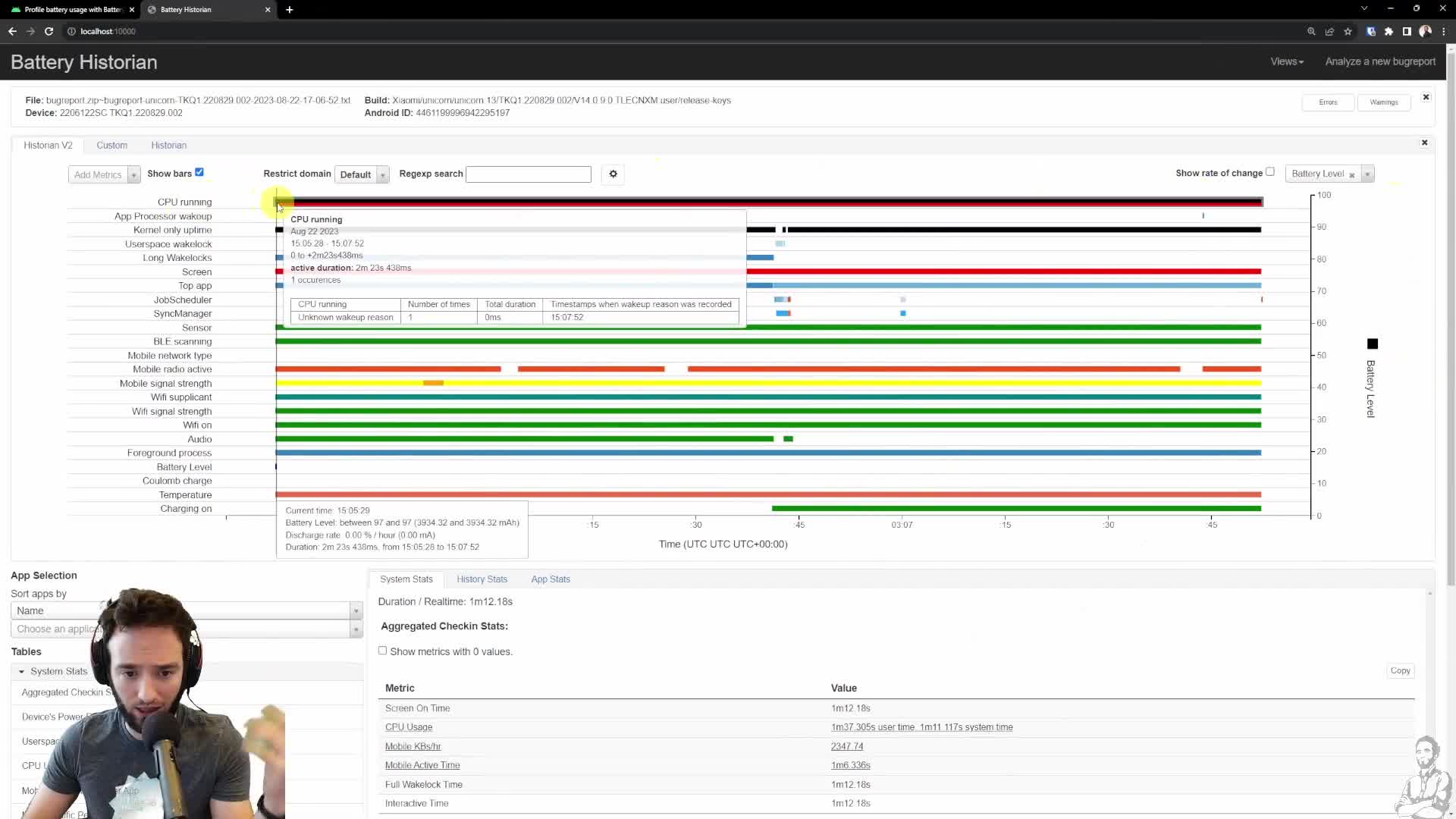 Battery Historian showing CPU running across the capture