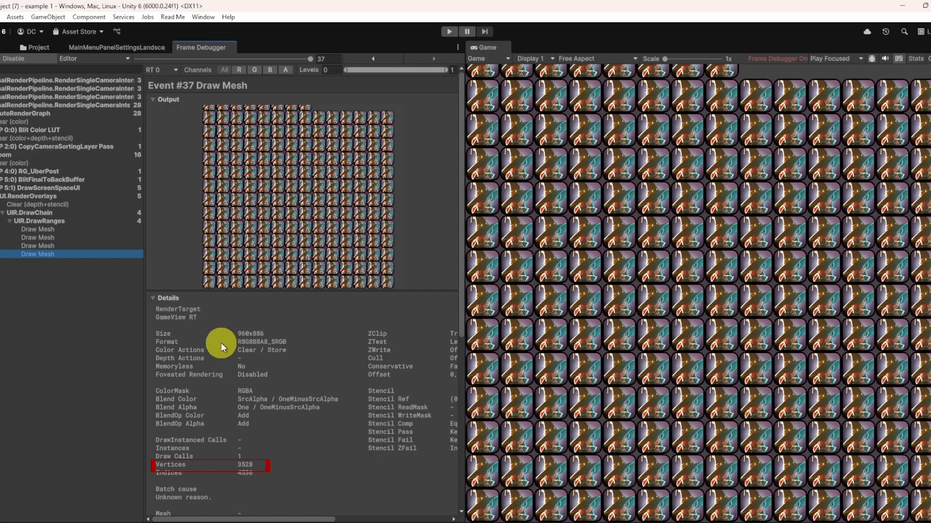 Frame Debugger proof showing the tuned vertex budget case