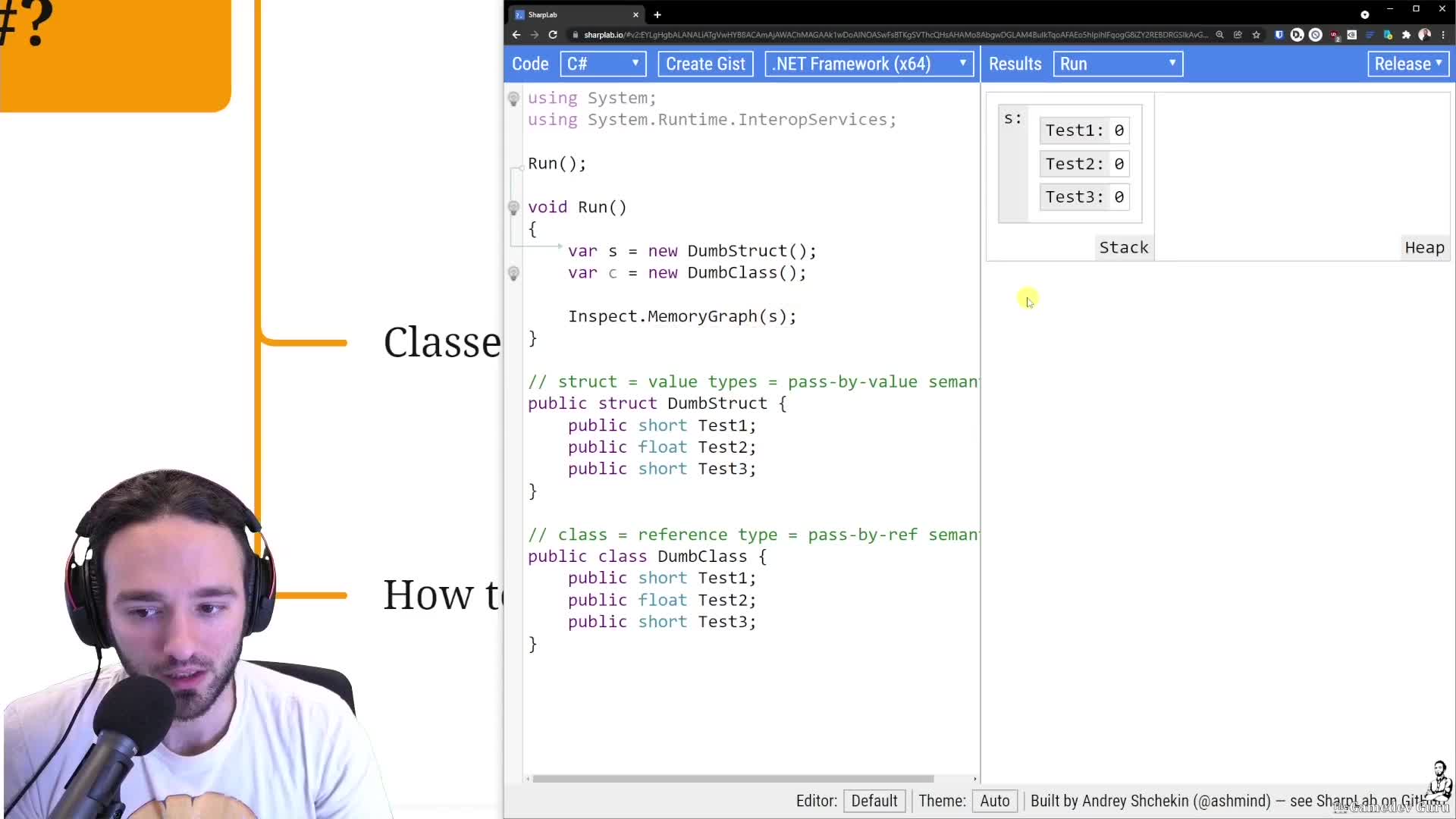 SharpLab memory graph for struct vs class