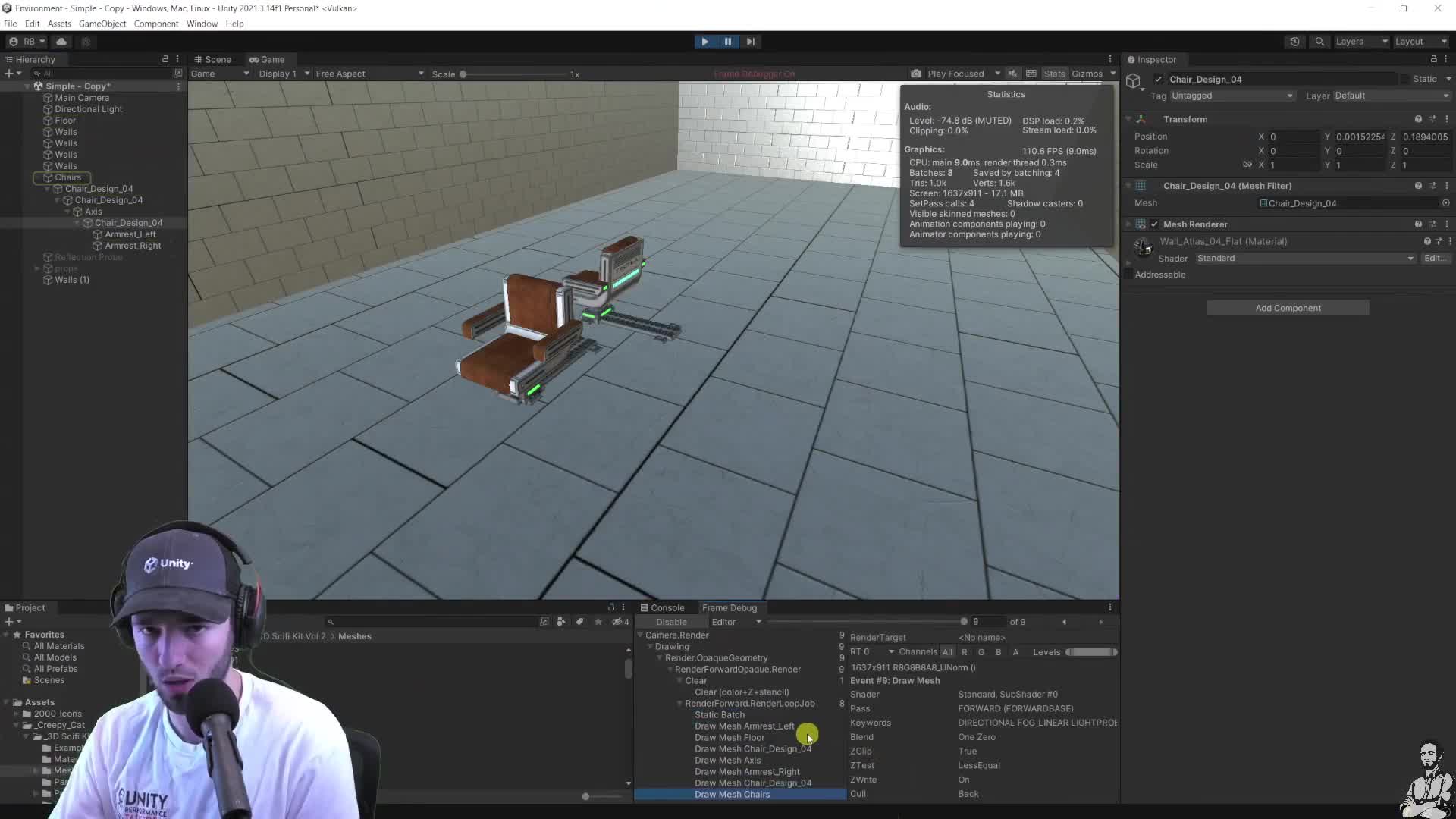 Frame Debugger proof of a chair merged into one batched mesh with Mesh.CombineMeshes