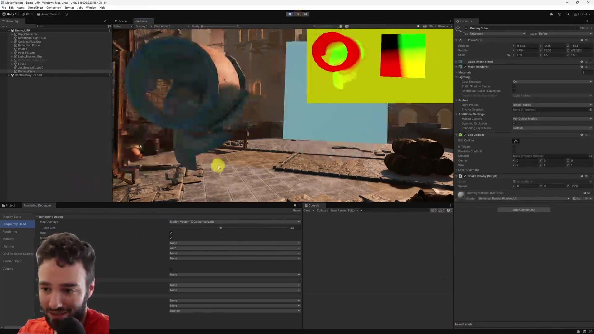 Unity Rendering Debugger showing Motion Vector (normalized) overlay