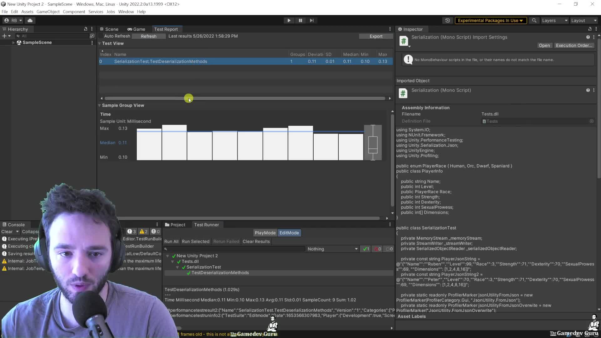 Unity Performance Test Report showing repeatable timing metrics