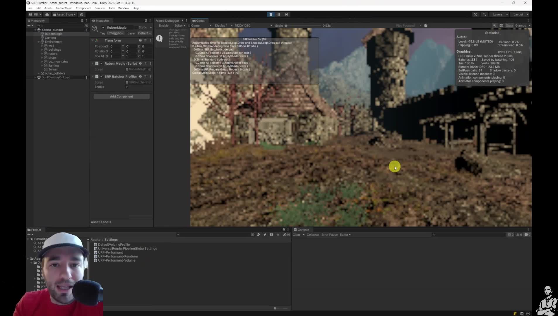 SRP Batcher profiler overlay showing standard code path and CPU render time