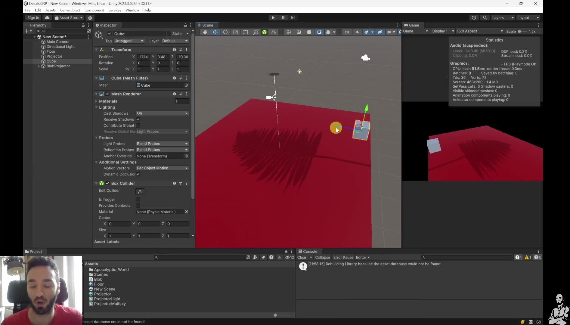 BIRP projector example with draw-call stats