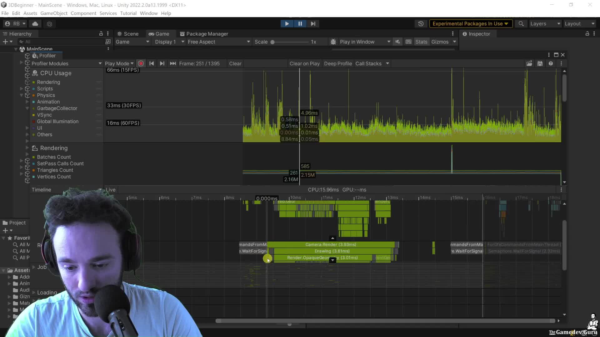 Unity Profiler timeline showing main thread and render thread timing proof