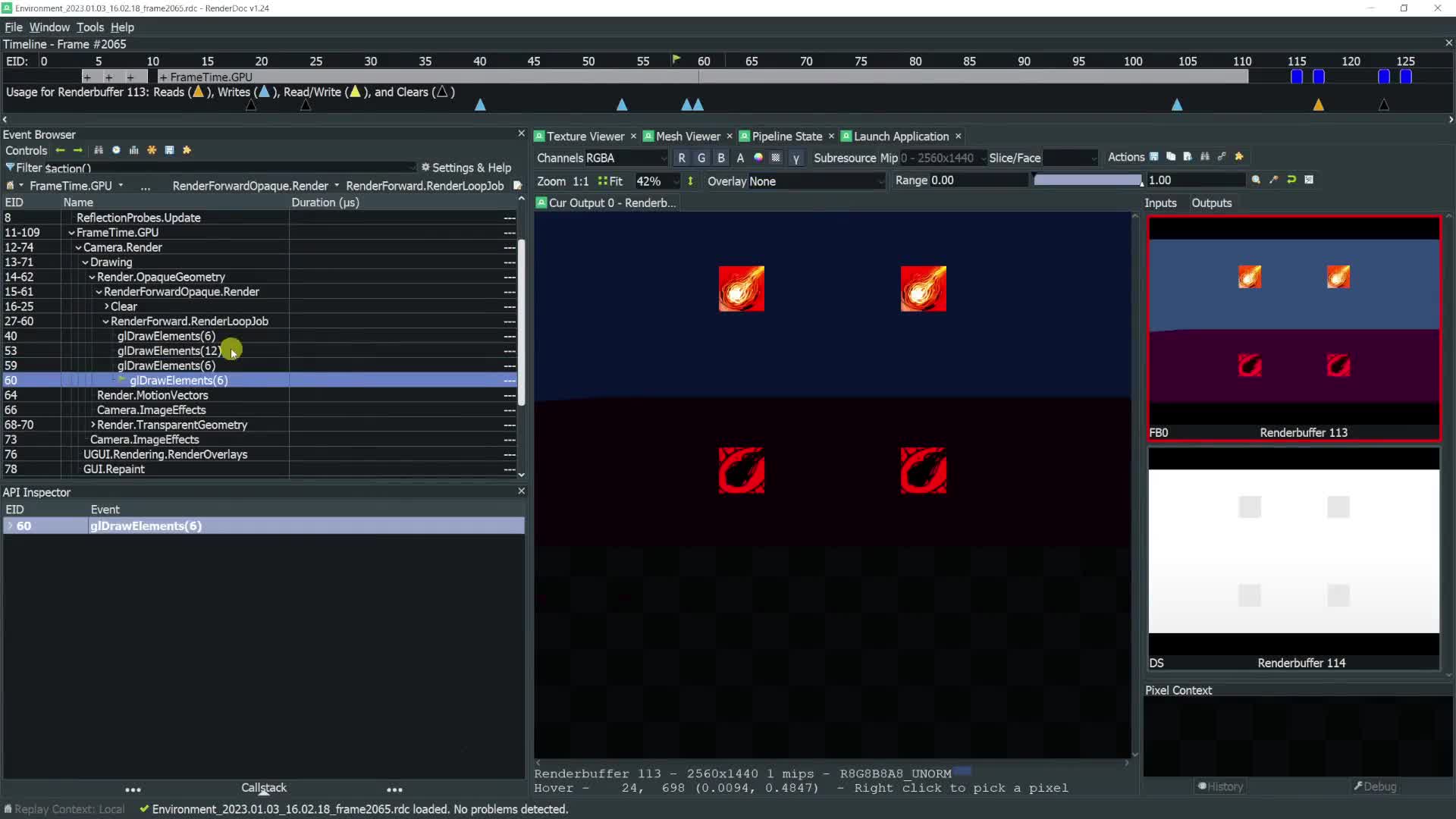 RenderDoc capture showing static batching draw calls and shared buffers
