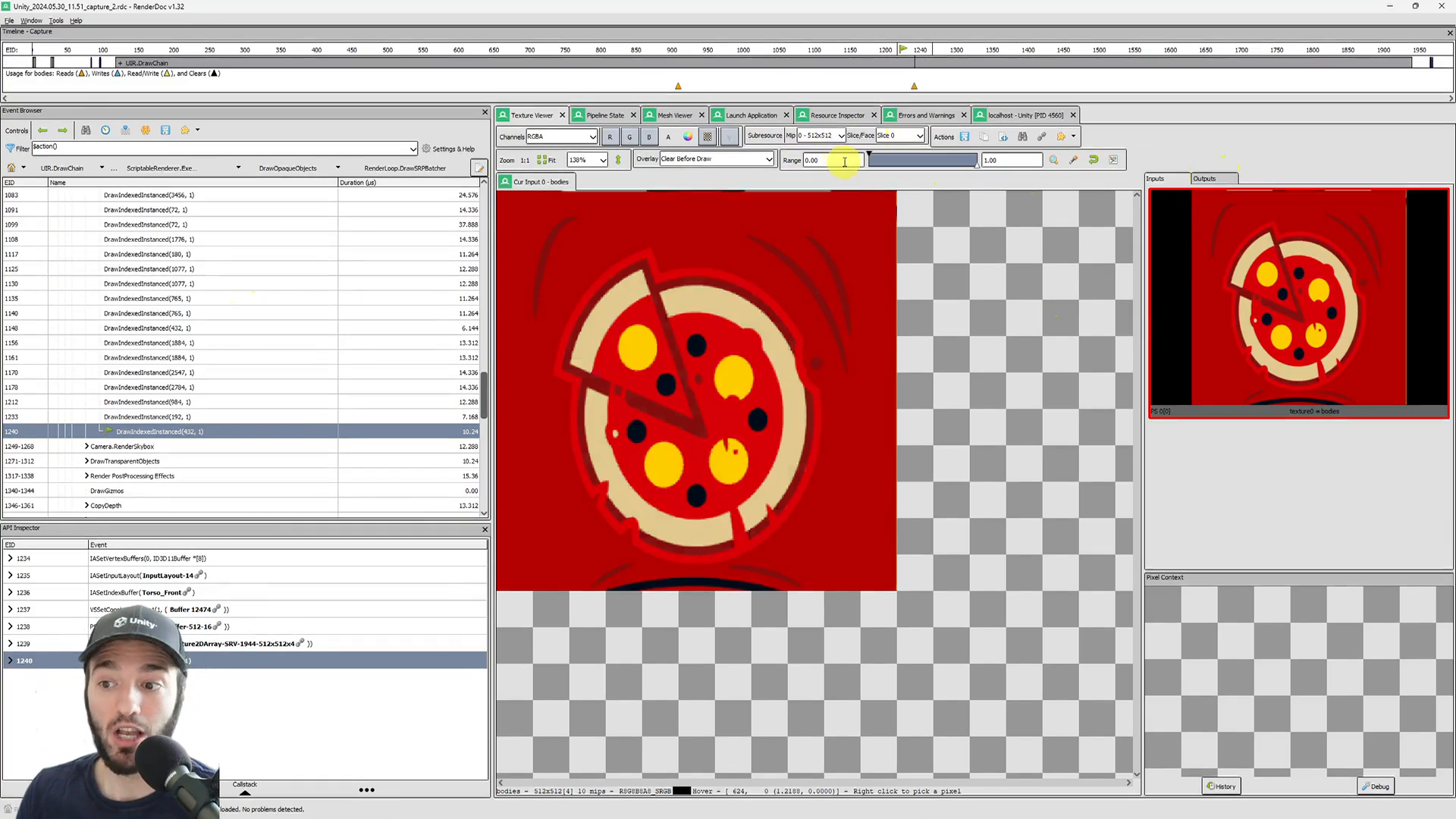 RenderDoc: the Texture Viewer shows a texture array with a Slice selector.