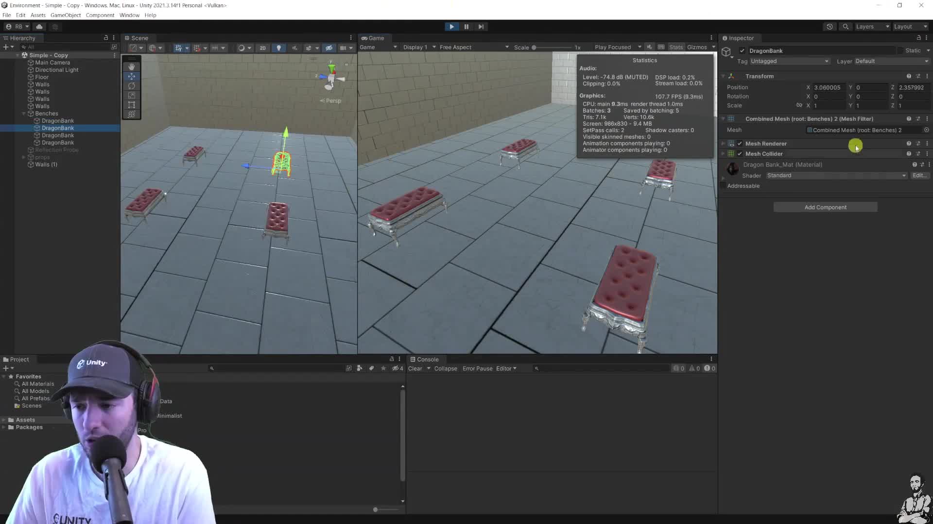 Frame Debugger proof after StaticBatchingUtility.Combine reduces benches to three batches