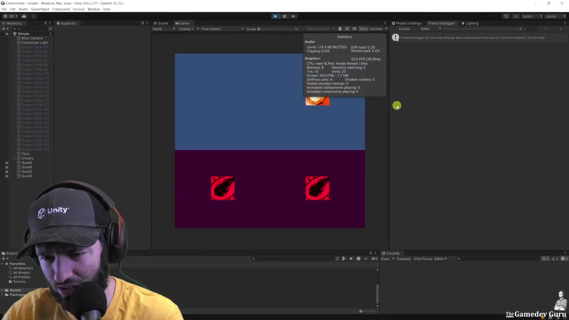 Unity Stats panel showing batching saved zero in a static batching setup