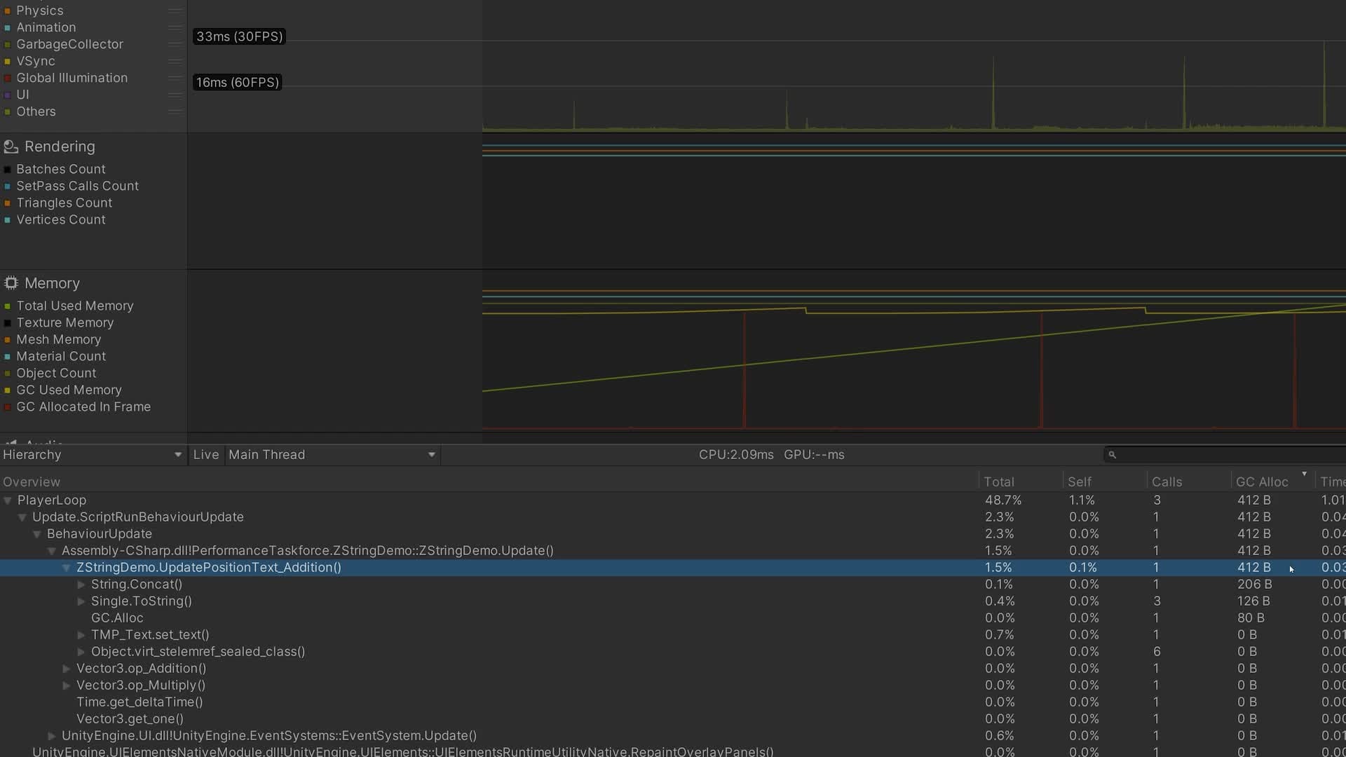 Unity Profiler showing string allocation cost