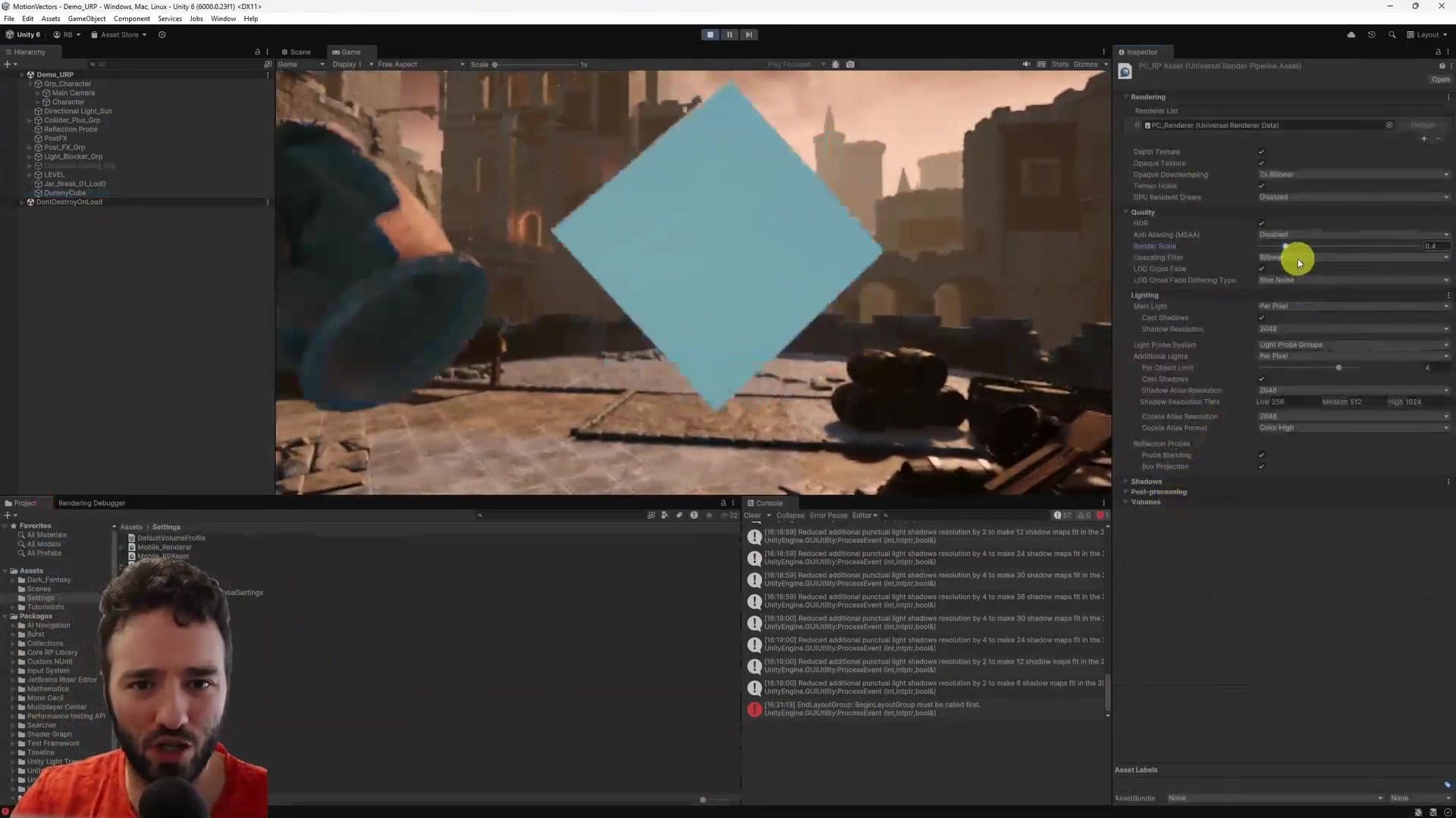 URP asset showing Render Scale and Upscaling Filter settings