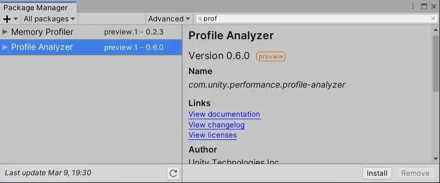 Unity Profile Analyzer: Installing Package